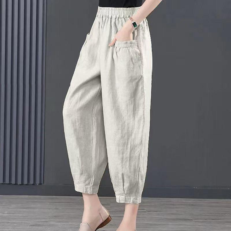 Ice Silk High-Waisted Harem Lantern Pants - Summer Cotton & Linen Elastic Waist Cropped Pants for Women