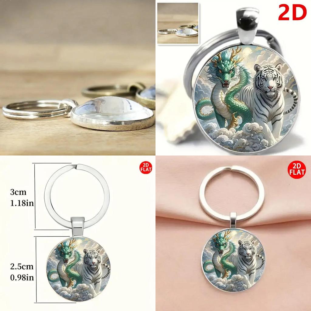 Modern Style Dragon And Tiger Keyring Glass Alloy Pendant For Gift Giving And Decoration