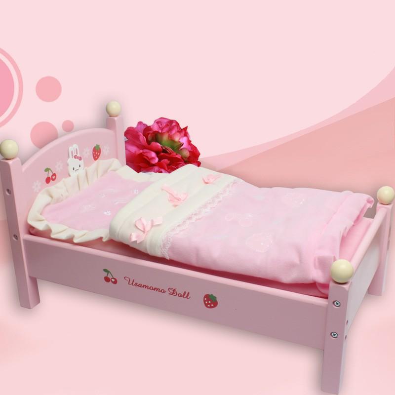 Wooden Playhouse Pink Rabbit Doll Bed Simulation Furniture Bedding Educational Toys