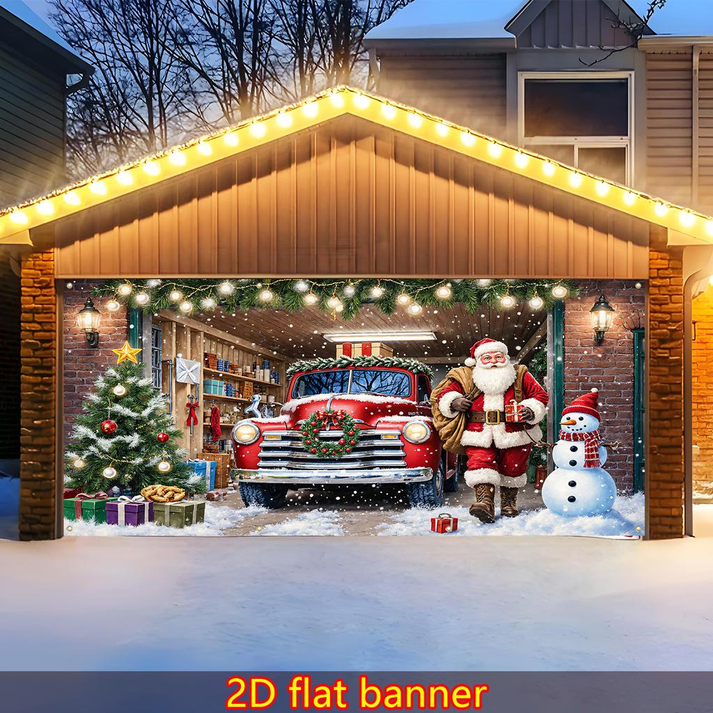 Giant Red Vintage Truck Christmas Banner Santa Claus and Snowman - Heavy Outdoor/garage Door Decoration Christmas Party