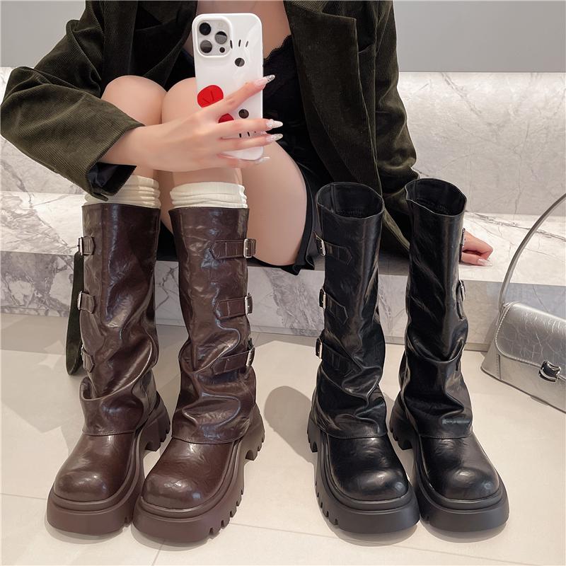 Fashion Vintage Height Increase Women Western Mid Calf Boots Fashion Belt Buckle Knight Booties Winter Shoes Zapatos De Mujer