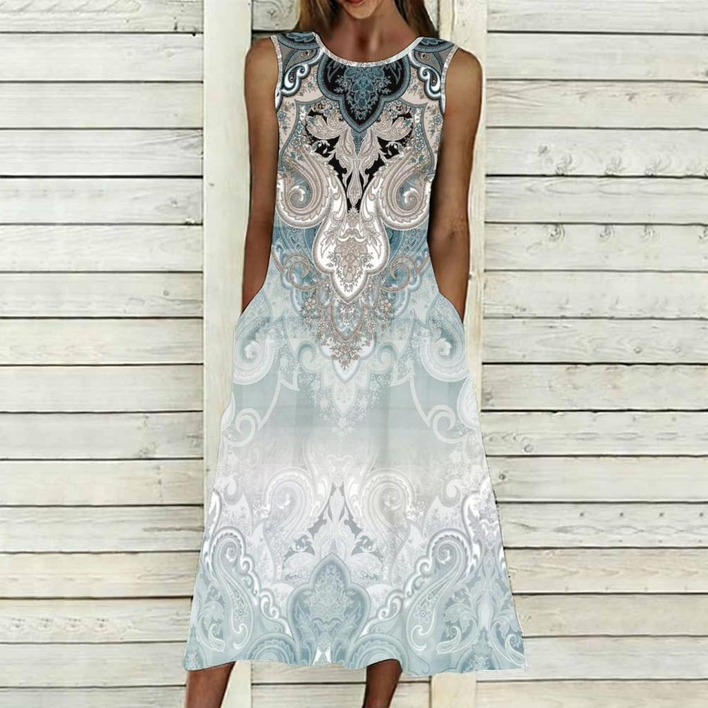 Women Plus Size Sleeveless Crew Neck Dress Graceful Small Floral Printed Flowy Calf Length Gown