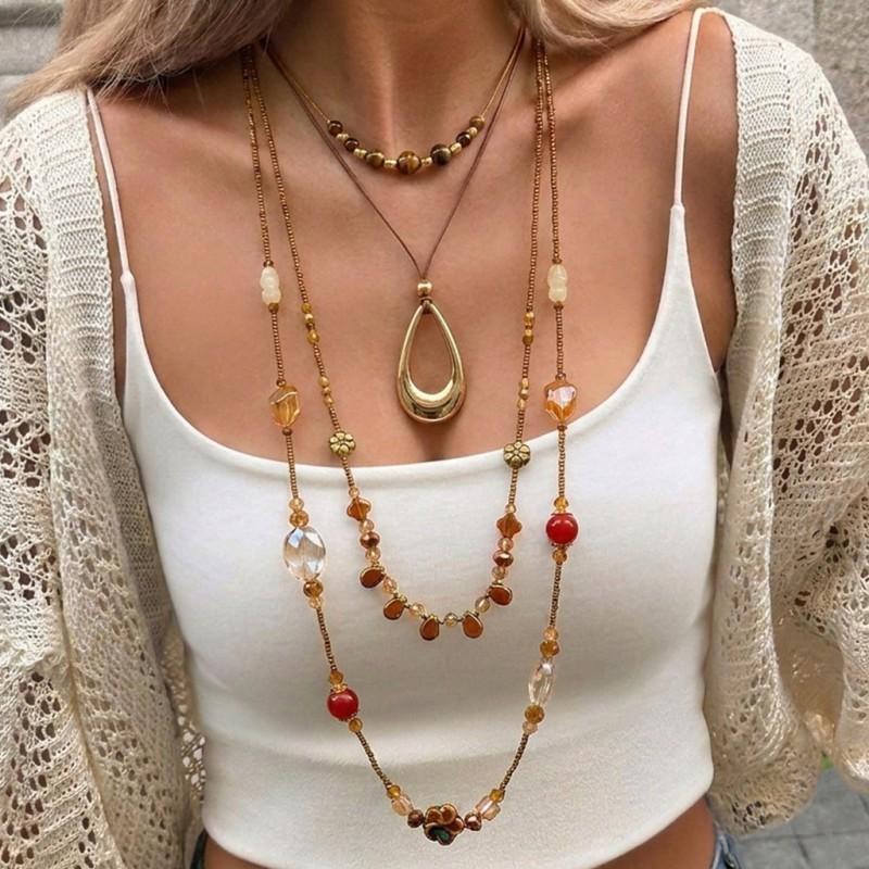 Bohemian Layered Necklace Set Vintage Colorful Stone Beaded Sweater Chain Women