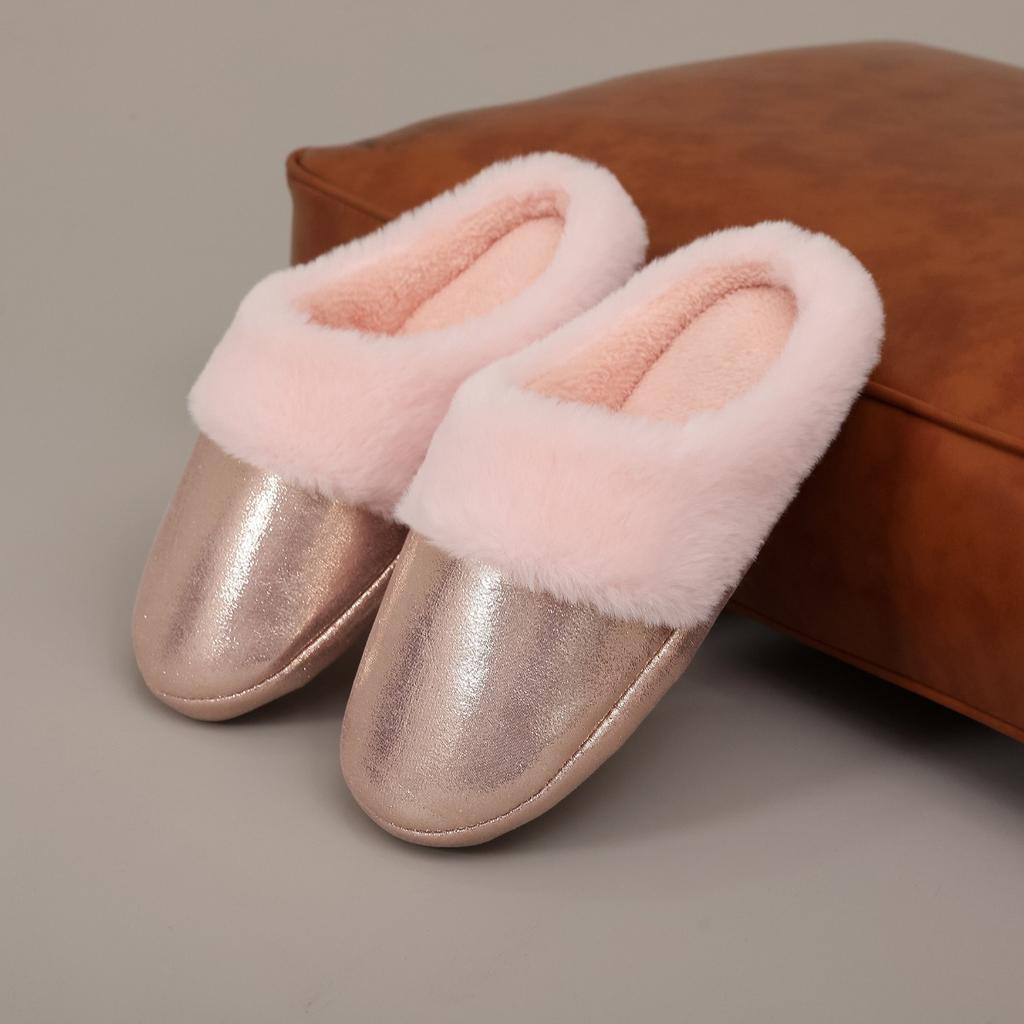 Imitation Fur Shiny Leather Cotton Slippers for Men and Women In Autumn and Winter, Anti Slip, Warm and Thick Fur Confinement Shoes, Bedroom Slippers
