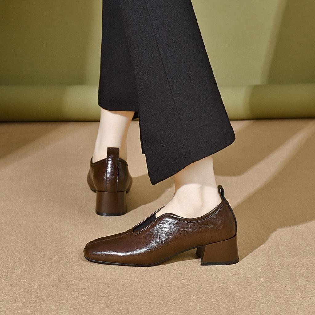 Square head high heels women's autumn new simple temperament deep mouth single shoes elastic thick heel women's shoes