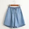 Women Summer Wide Leg Shorts High Waist Elastic Waistband Drawstring Pockets Solid Color Knee-Length Trousers