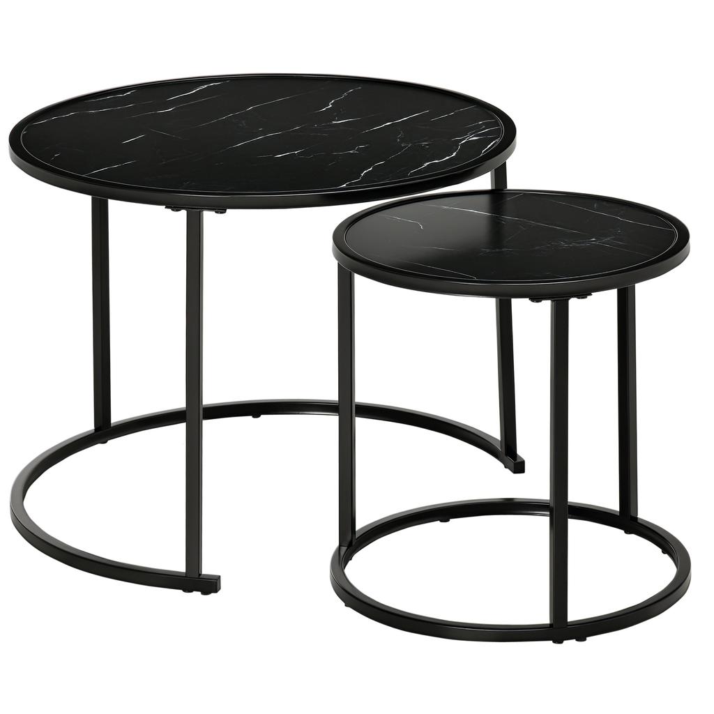 Set Of 2 Round Nesting Coffee Tables Stackable Marble Look Wood Top And Black Metal Legs