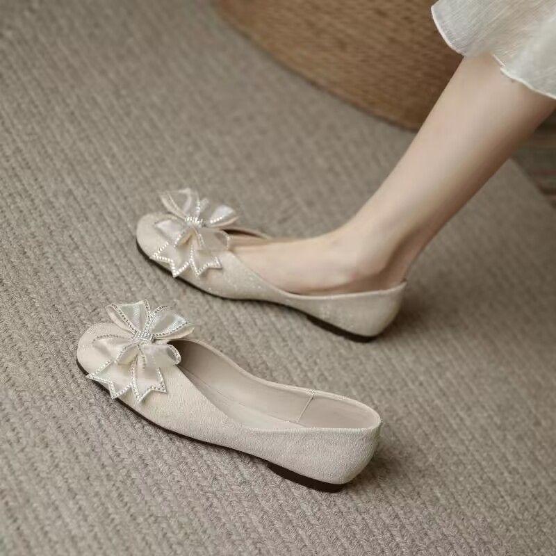 

Модная обувь невесты на свадьбу с квадратным носком, со стразами и бантом, женские балетки, тренд 2025, низкая цена, Y2k, быстрая доставка, 39, туфли-слипоны для женщин 40
