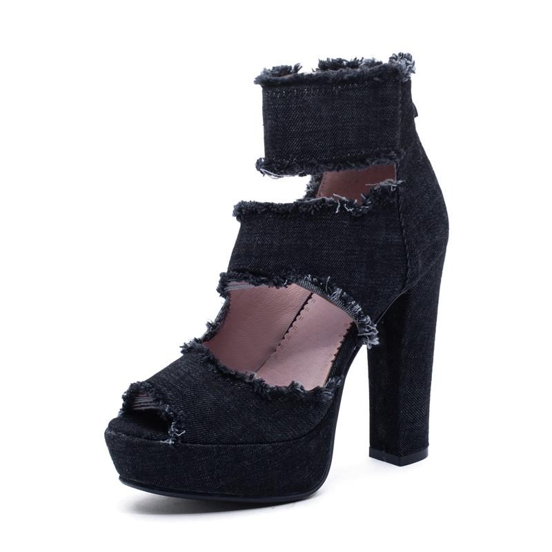 

Весна Лето Женские Сандалии Обувь Платформа Джинсовый Синий Деним Ремешок на Щиколотке Высокий Каблук Ботильоны Сексуальные Женские Сандалии с Открытым Носком 43 чёрный