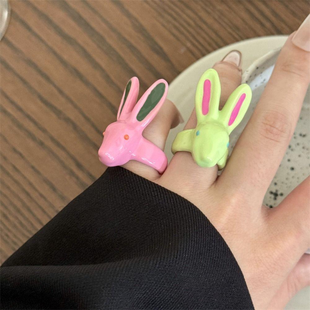 Macaron Color Rabbit Drip Oil Ring Minority Design Chunky Enamel Ring Exaggerated Ring  Couple