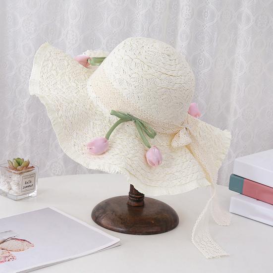 Summer Beach Hat Wavy Fringe Detail Tulip Decor Lace Ribbon Straw Hat French Style Foldable Portable Outdoor Travel Hat