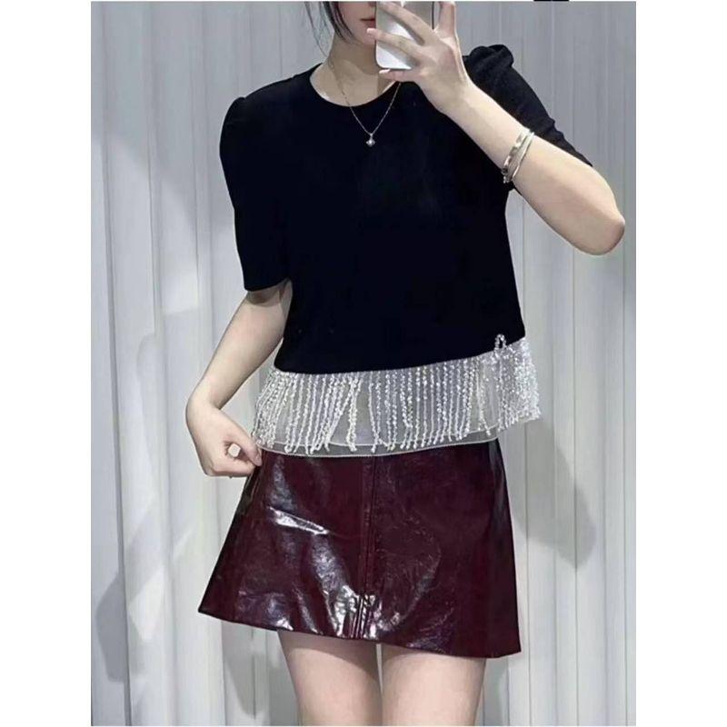 Look at the Detail Tassel Design! Western Style Girls' Summer Stretch Cotton Yarn Black and White Color Matching round Neck Pullover T-shirt 2025