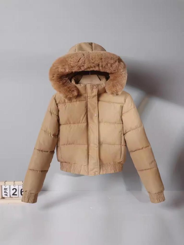 Women's Short Cotton Jacket with Warm Velvet, Fluffy Hood, Big Fur Collar, Petite Winter Outerwear, 2025 Trendy Style.