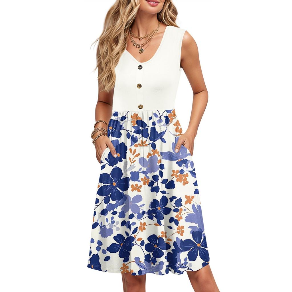 Women Summer Printing Dresses Sleeveless Casual Loose Swing Button Down Midi Sundress With Pockets