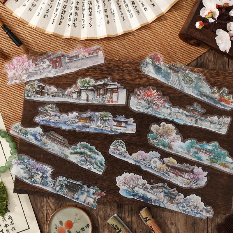 10 Sheets Chinese Ancient Style Landscape Long Strip Stickers Ink Wash Mountain & River Patterns for Scrapbook DIY Decoration