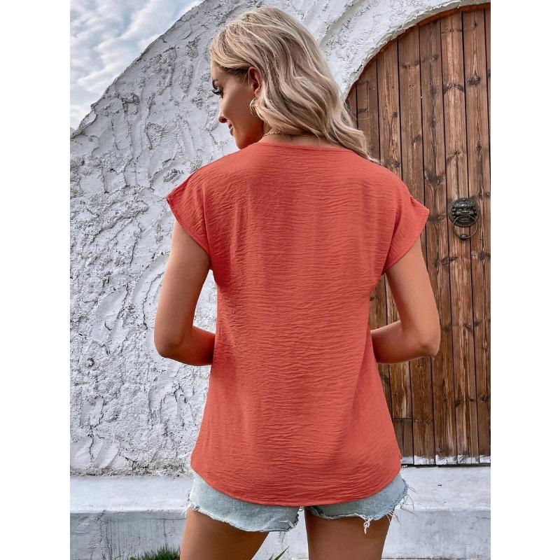 VEZFAA Women's Fashion Casual Summer Spring Solid Color Print Short Sleeve V-Neck Blouses & Shirts