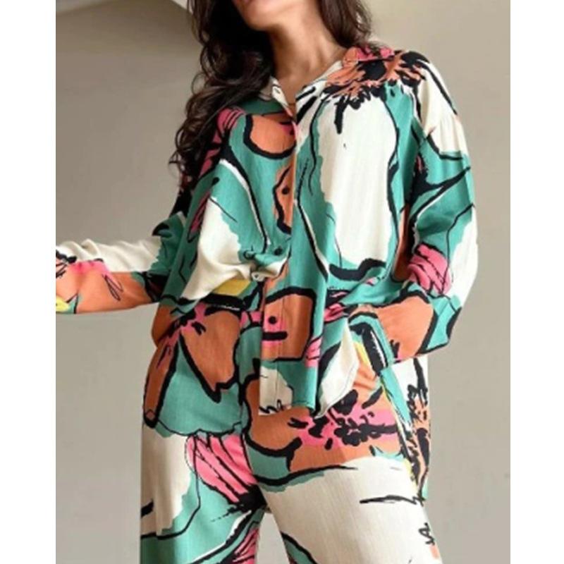 Cross-border Europe, America 2025 New Temperament Women's Clothing Large Size Printed Commuter Shirt High Waist Wide Leg Pants Spot Set