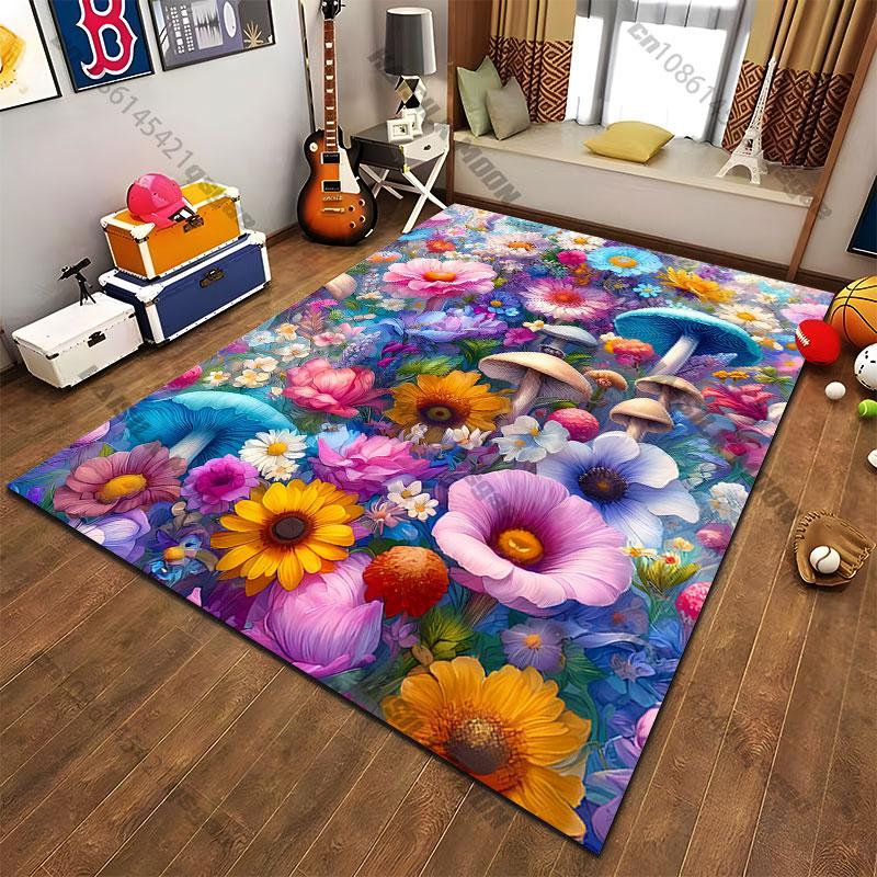 Colorful flowers and vibrant mushrooms carpet Yoga living room room decor children's crawling mat doormat area rug