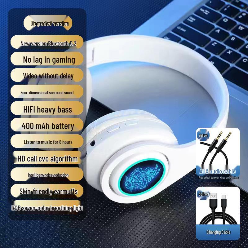 Kabellose Over-Ear Bluetooth-Kopfhörer mit Geräuschunterdrückung, leuchtendes Design für Männer und Frauen, ideal für Laufen und Laptop-Nutzung