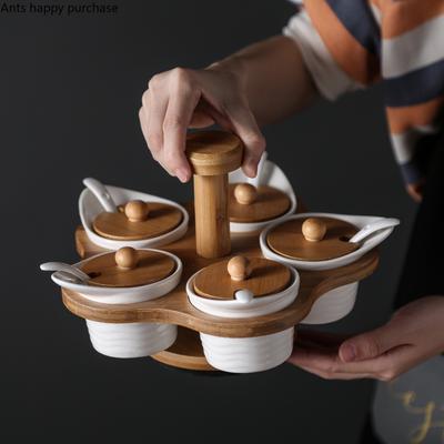 Ceramics Five Grid Spice Jar Rotatable Wooden Shelf White Spice Jar Five Piece Set Kitchen Seasoning Box Seasoning Container