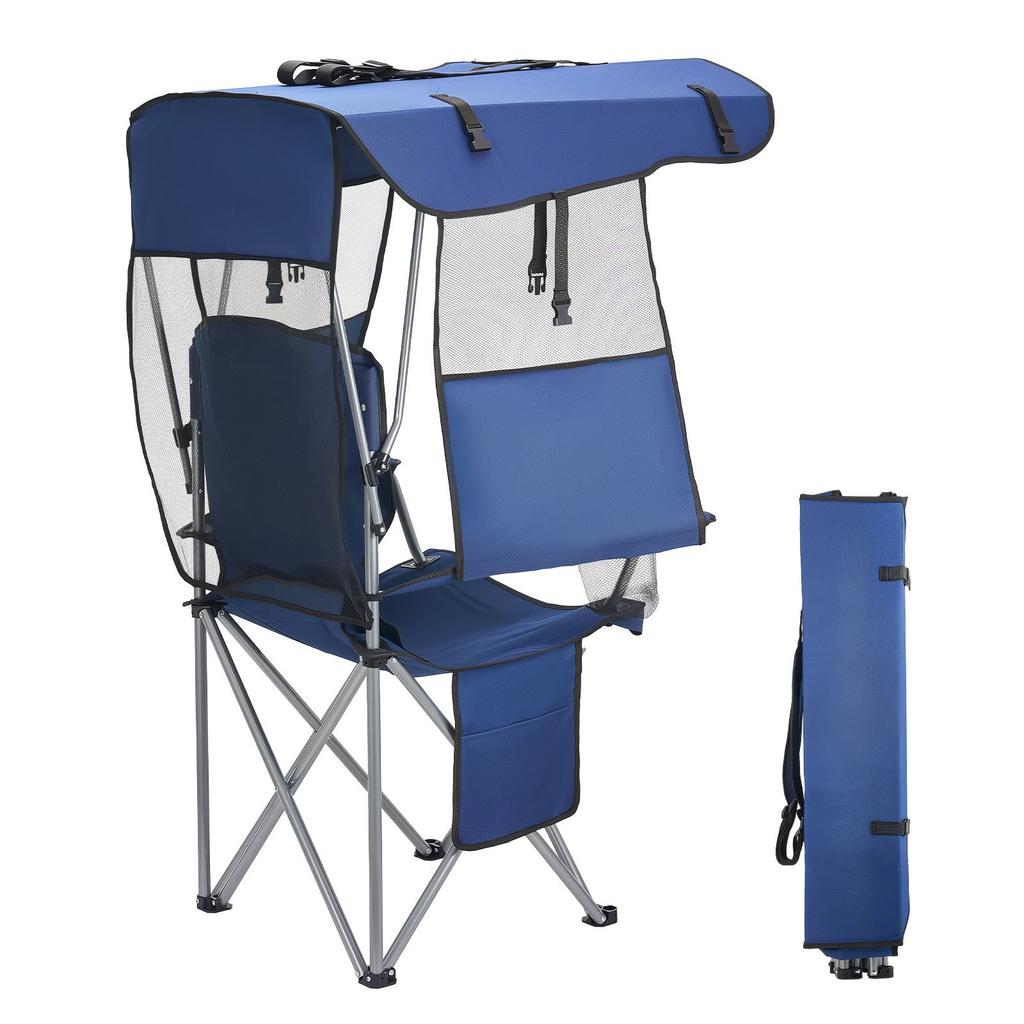 VEVOR Camping Chair with Canopy Shade, Folding Beach Chair with Canopy & Magazine Pocket, 2 Cup Holders, 150 Kg Heavy Duty Support