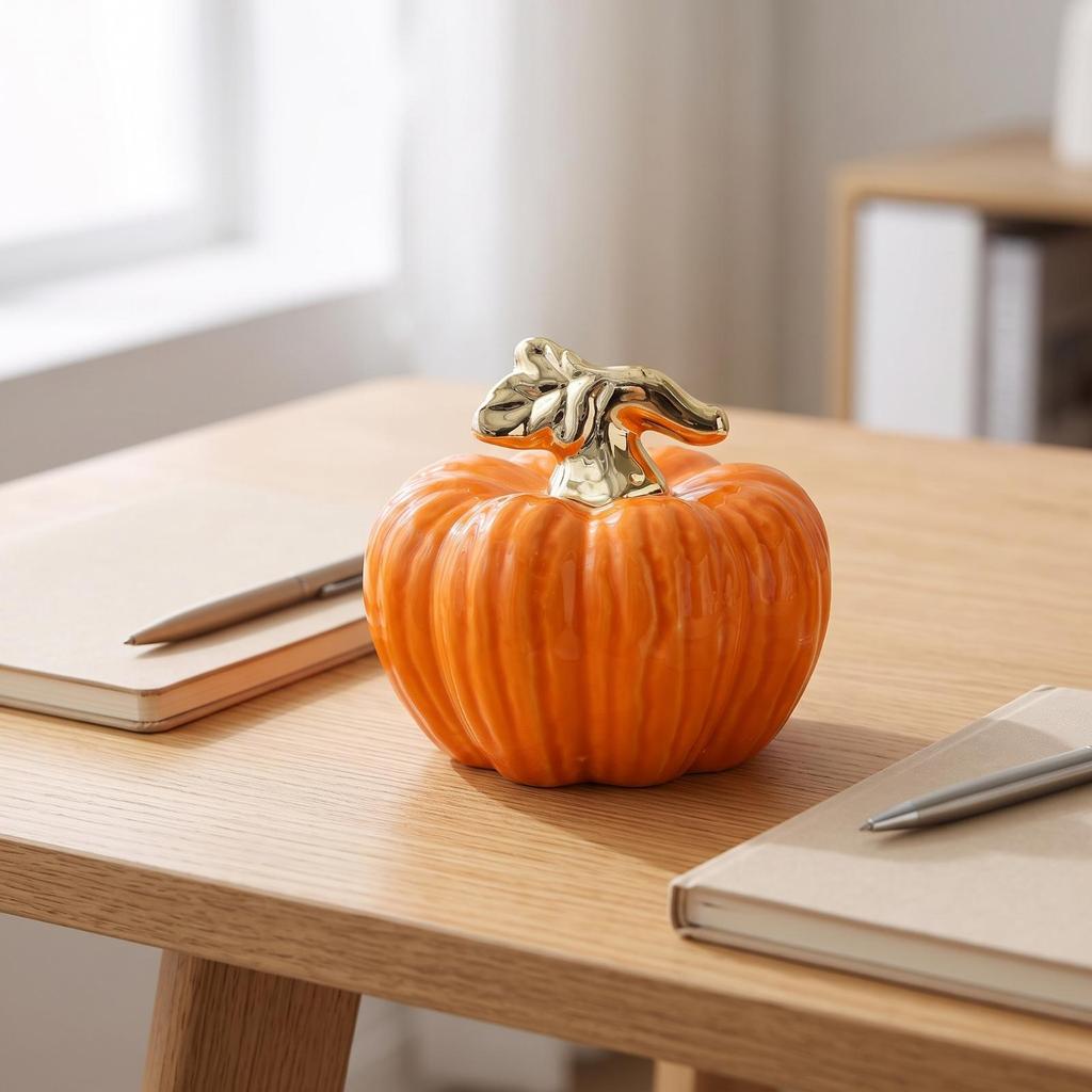 Ceramic Pumpkin Figurine Ribbed Thanksgiving for Desk