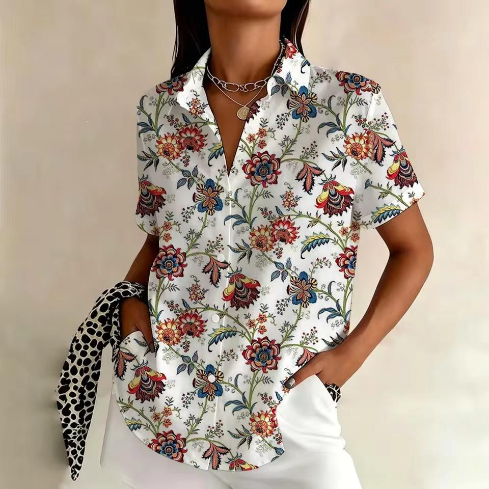 Womens Retro Ethnic Floral Print Short Sleeve Shirt XS