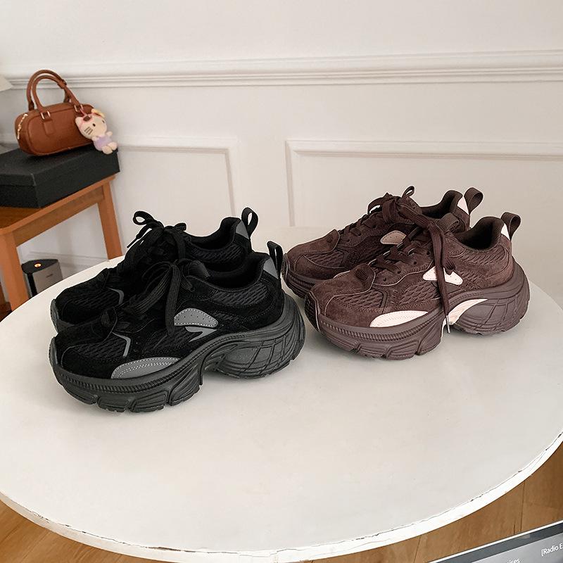 Grape Mother Autumn and Winter New Sports Style Color Matching Lace-up Heightening Thick-soled Suede Dad Shoes Women's Autumn and Winter