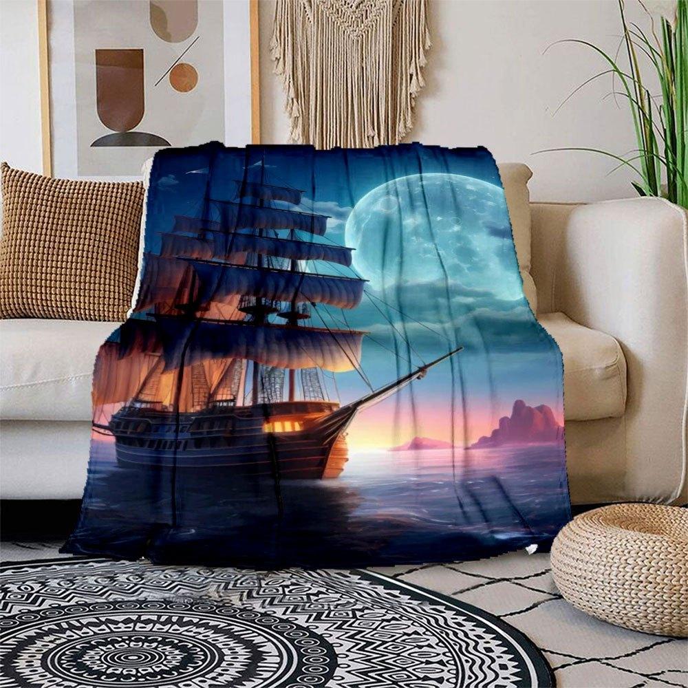 

Full Moon Sailing Adventure: Fantasy Ship Poster Blanket Flannel Throw Blanket for Sofa, Bed, Travel, Camping, Office, Couch, Chair, And Be 130x150cm