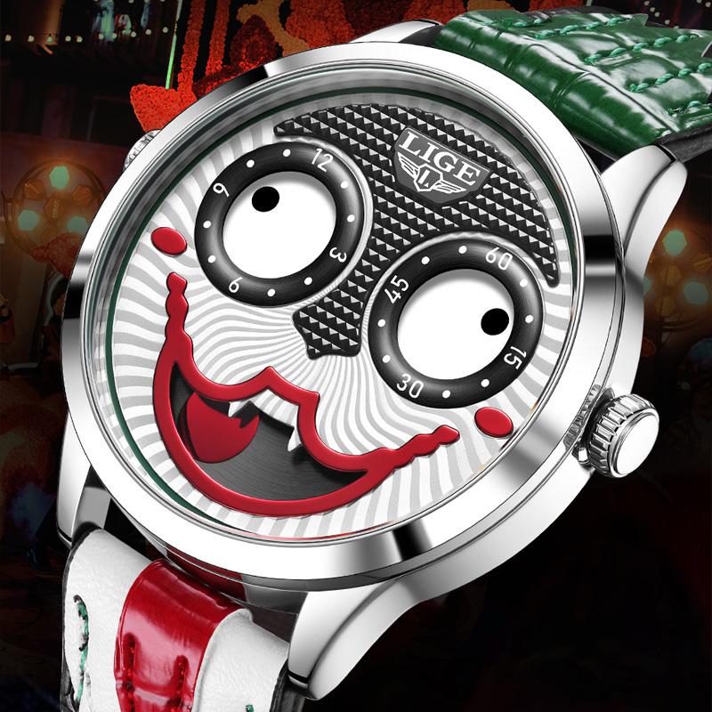 LIGE Creative Joker Watch Men Men's Clown Watches Fashion Leather Strap Waterproof Quartz Wristwatches Moon Phase Clock+BOX