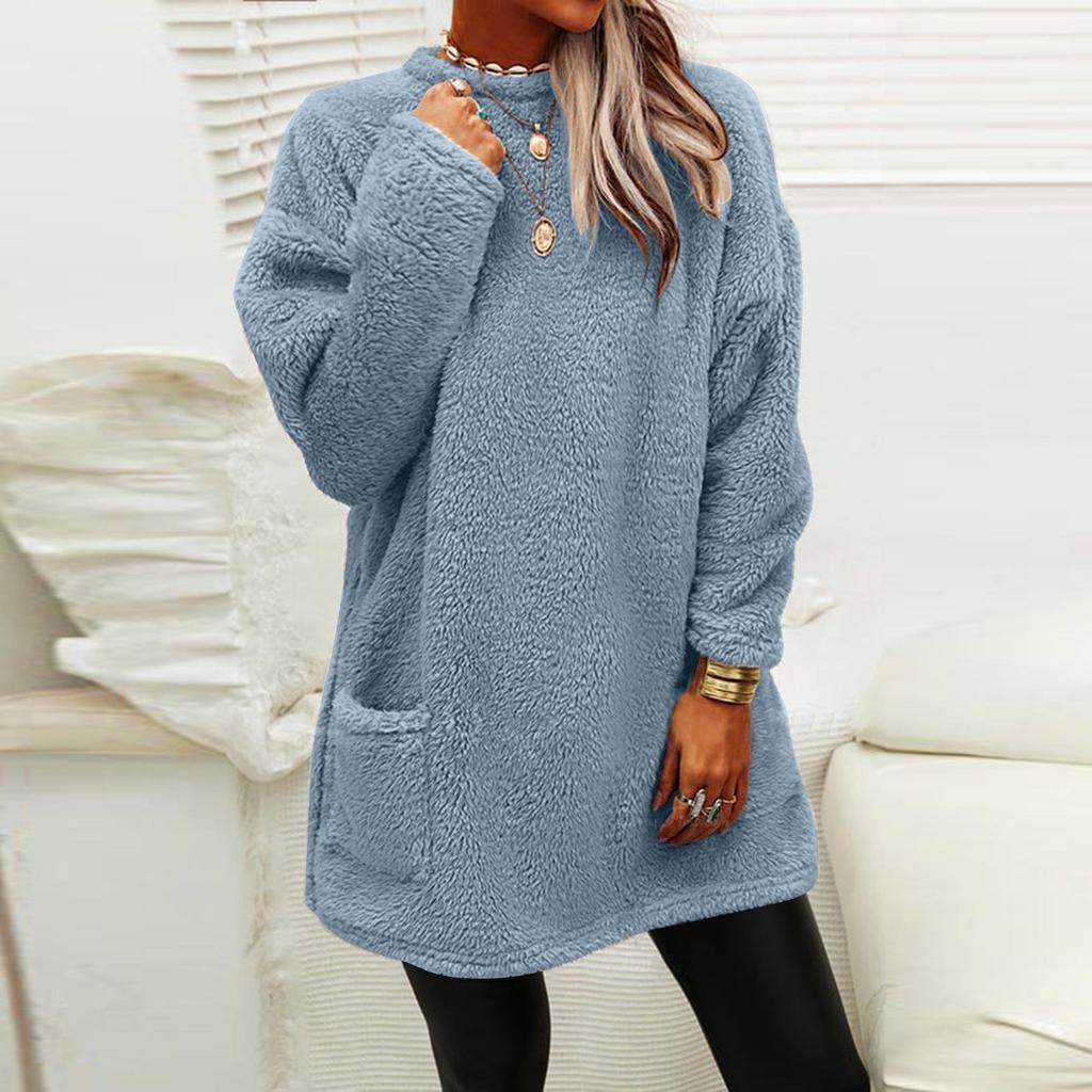 Women's Fashion Casual Long Sleeve Pocketed Round Neck Casual Warm Long Sleeve T-Shirt