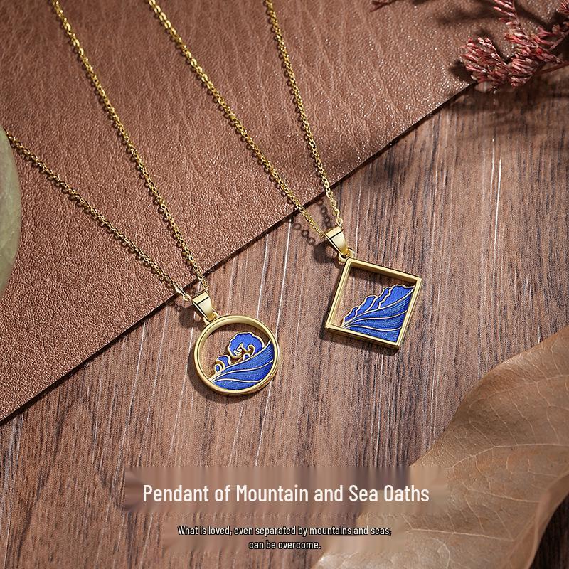 S925 Sterling Silver Mountain & Sea Oath Necklace Pair - Original Chinese Style Clavicle Chain for Couples with Ancient Style Pendant