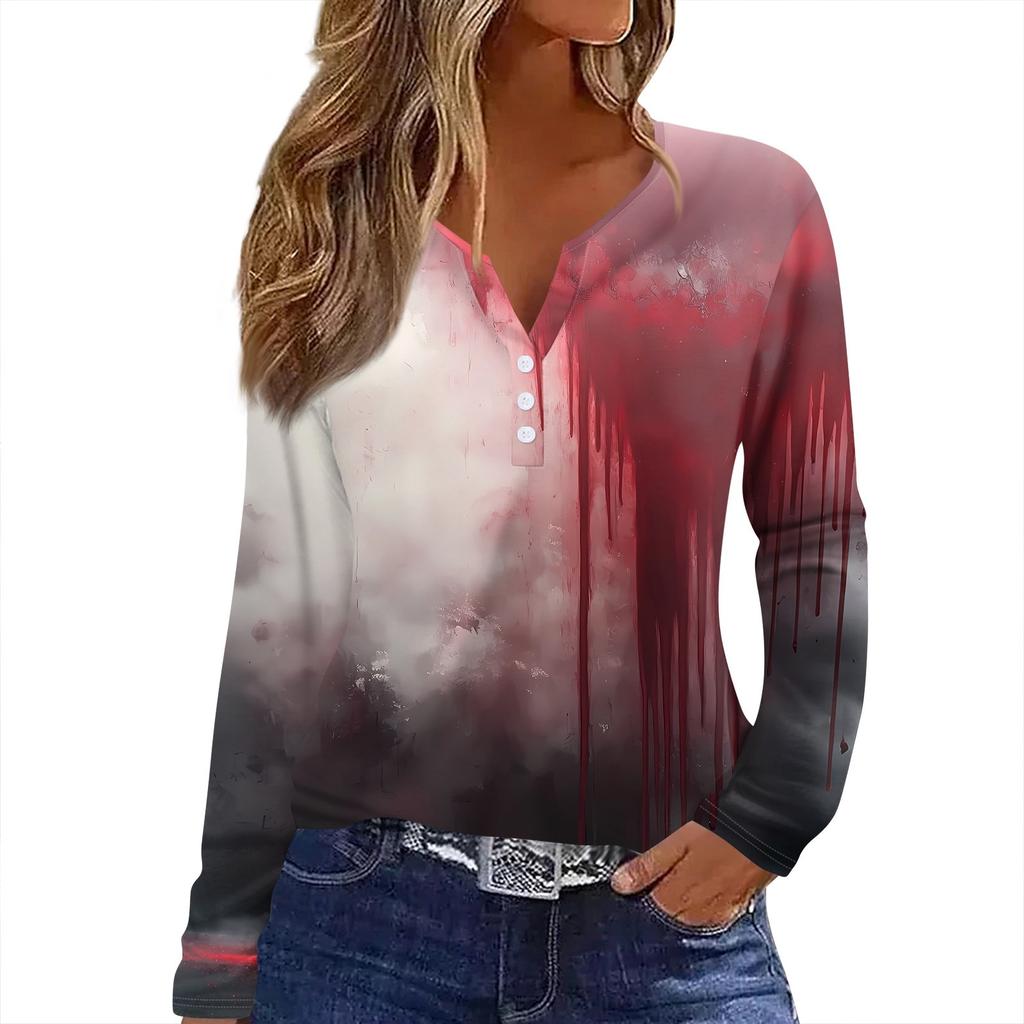 Women's T Shirt Tee HAlloween Print Button Long Sleeve Daily Weekend Fashion Basic V- Neck Regular Top