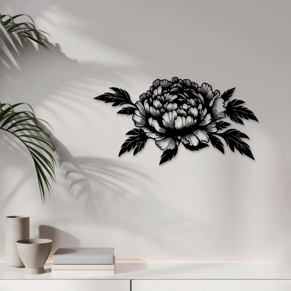 Metal Peony Wall Art 15.75x8.43 Inch Black Floral Sculpture Modern Minimalist Home Decor Living Room Office Housewarming Gift Mother Father Holiday