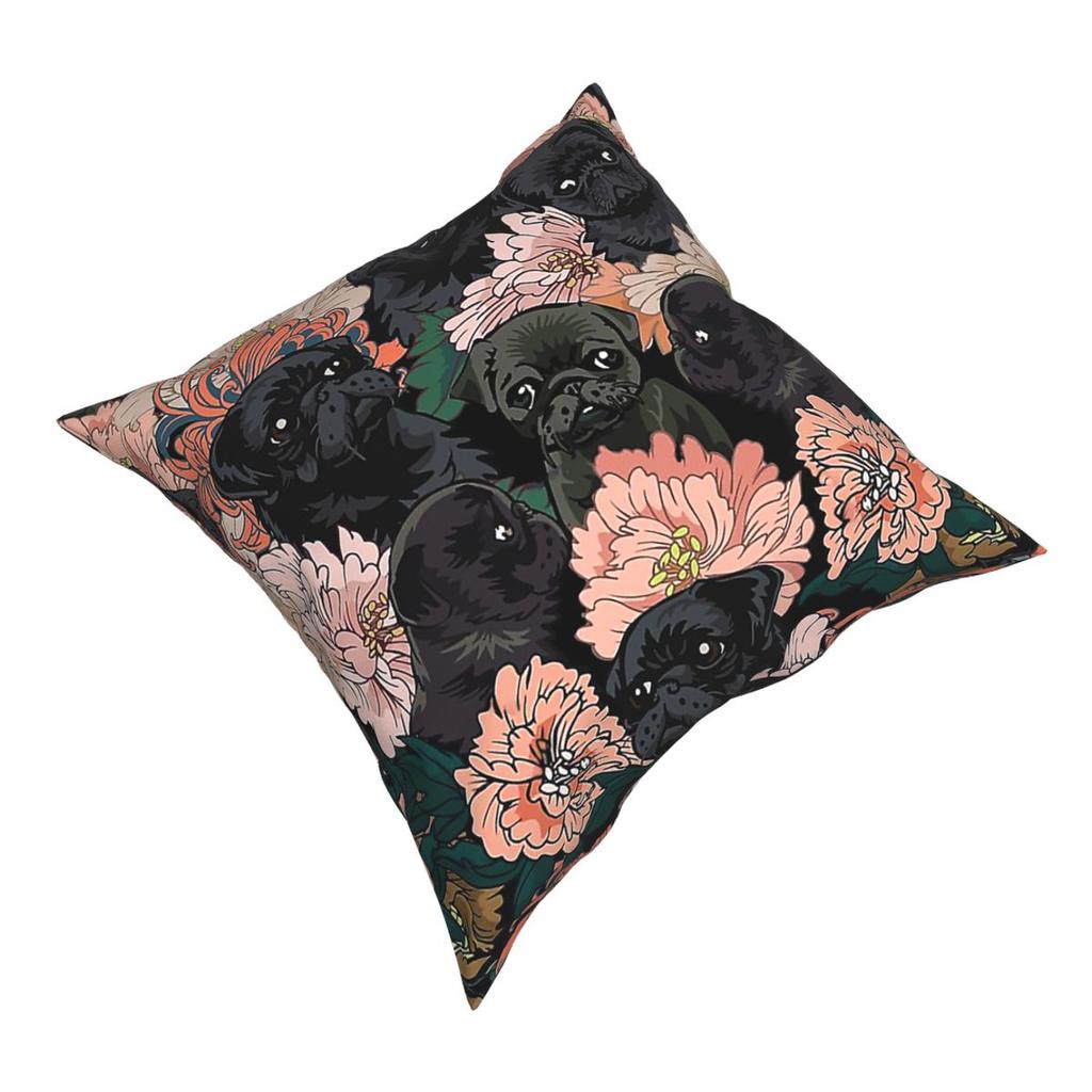 Black Pug Flower Pillow Cover Home Decorative Dog Cushions Throw Pillow for Car Polyester Double-sided Printing Leisure