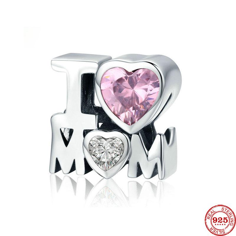 925 Sterling Silver Pink Murano I Love Mom Love Cross Heart Diy Fine Beads Fit Original Charm Bracelet Women Jewelry