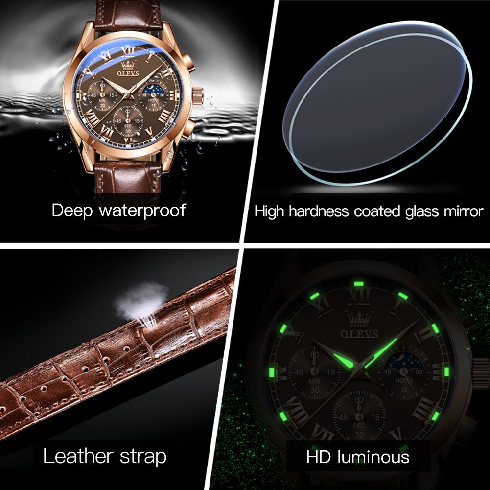 OLEVS Moon Phase Men's Watches Chronograph 30m Waterproof Luminous Brand Quartz Watch for Man Date Leather Strap Original Watch