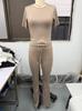 Women's Slim Fit Two Piece Outfit Set Short Sleeve Crew Neck Crop Top Drawstring Waist Straight Leg Solid Tracksuit Loungewear