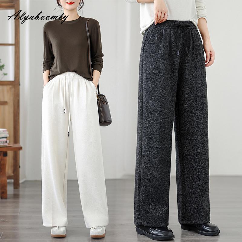 Plus Size Autumn Winter Women Thick Warm Pants High Waist White Grey Casual Loose Straight Trousers Drawstring Basic Ladies' Thicken Pants