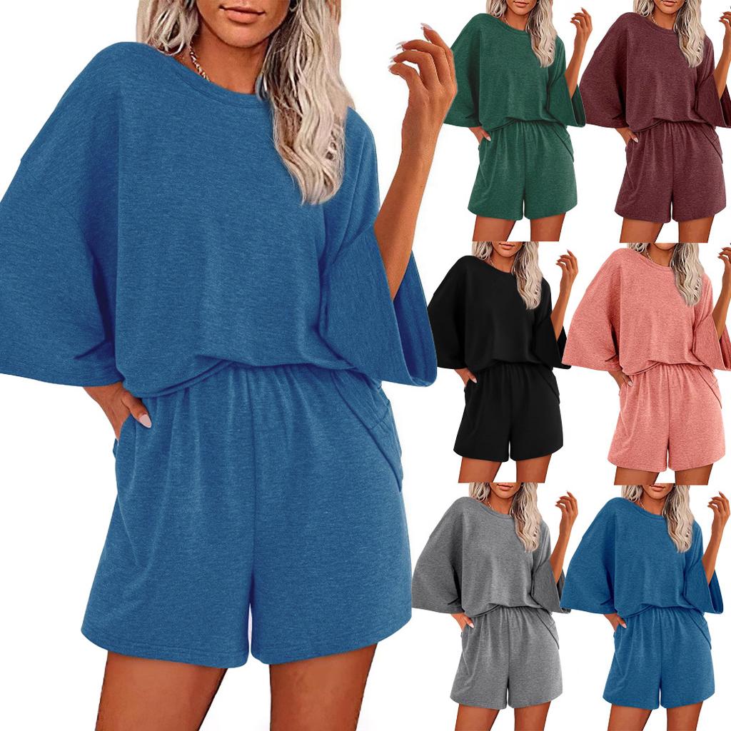 Women's Casual Sportswear Set Loose Fit Short Sleeve Top and Shorts Lounge Wear