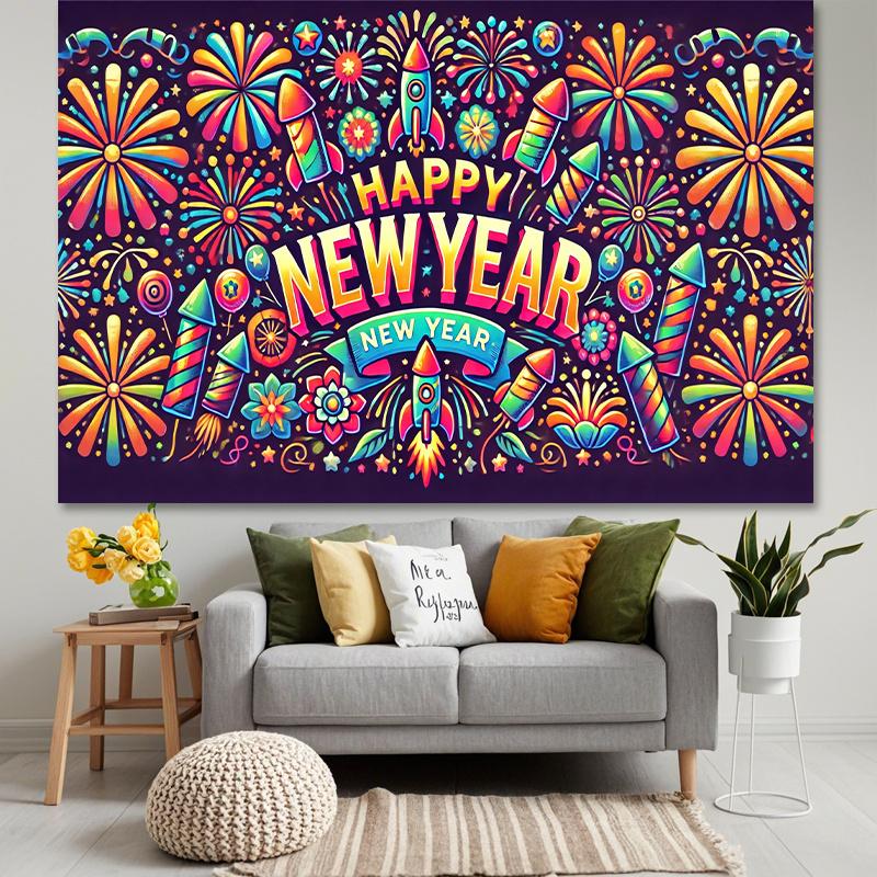 1 Piece, Happy New Year Fireworks Background Cloth, Durable, Suitable for Wedding Photo Props, Bedroom, Living Room