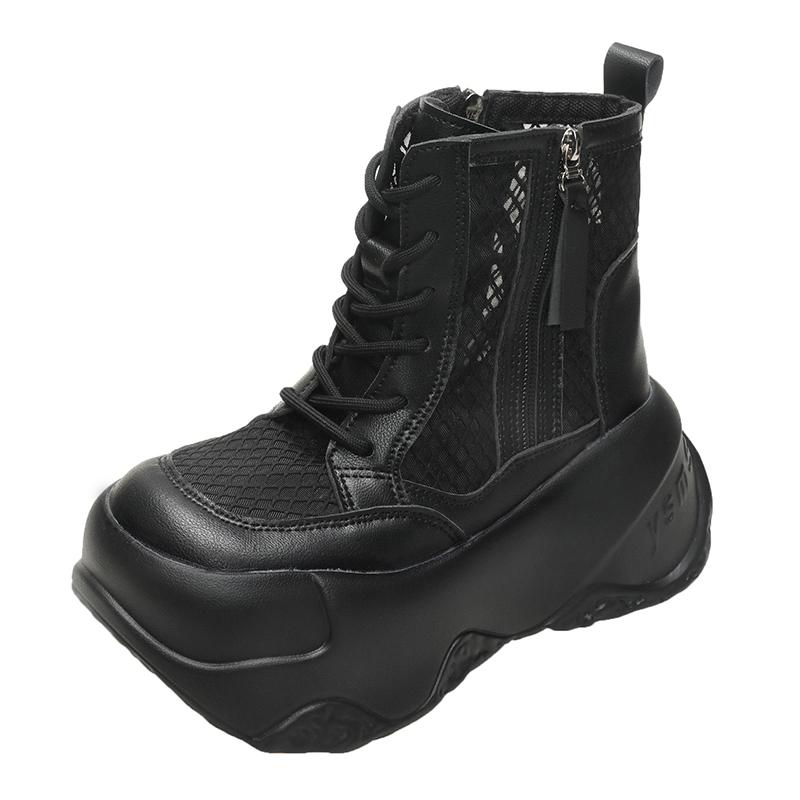 Fashion Spring/Summer High Top Women's Mid Calf Cool Boots Platform Mesh Hollowed Side Zipper Casual Shoes Sneakers