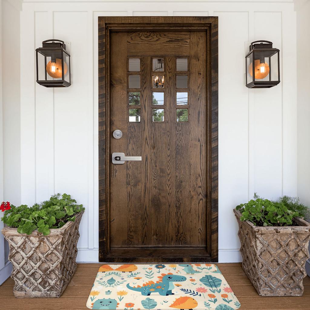Dinosaur Floral Print Doormat Cream Blue Orange Illustrated Polyester Machine Washable Cold Water Only 80x50cm