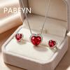 925 Sterling Silver Stylish Sweet Red Love Zircon Pendant Earrings Ring Set Ladies Jewelry Birthday Party Anniversary Gift