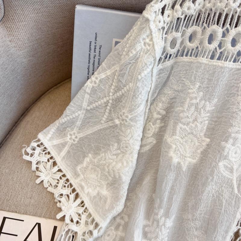 Dimanaf 2025 Nouveau Été Chemise à Boutons Femmes Blouse en Dentelle Broderie Manches Courtes Hauts T-shirts Mode Décontracté Ample