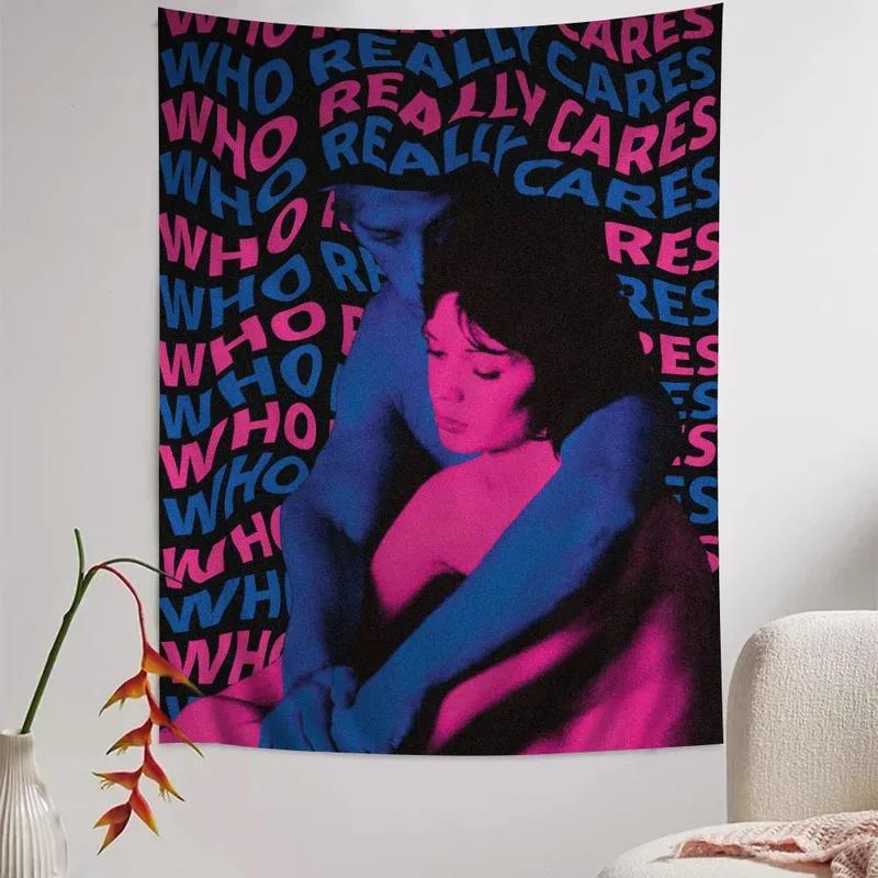 "Who Really Cares" Tapestry, Aesthetic Retro Couple Print Wall Hanging for Bedroom, Dorm & Indie Room Decor