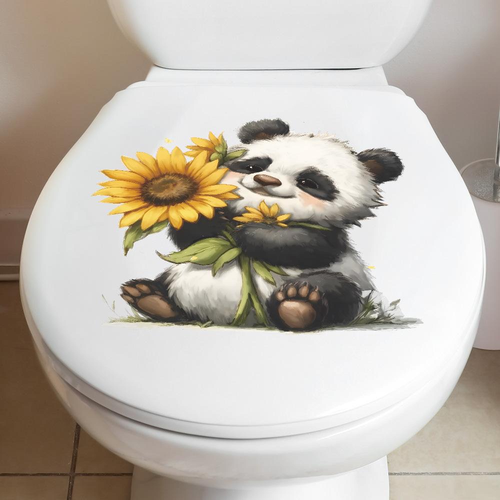 Pegatina de Panda de Dibujos Animados Sosteniendo Girasol para Asiento de Inodoro Decoración del Hogar Calcomanía Extraíble Autoadhesiva