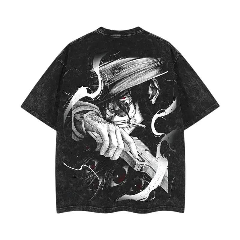 2025 Japanese Anime Hellsing Alucard Graphic T-shirt Vintage Washed Oversized T Shirt Men Women Clothes Cotton Short Sleeve Tees