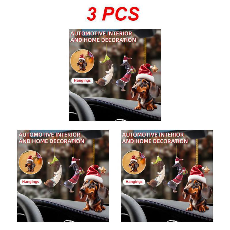 1~10PCS New Christmas 2D Fun Dachshund Dog Pendant Car Rearview Mirror Pendant Car Interior Accessories Christmas Tree Decor For