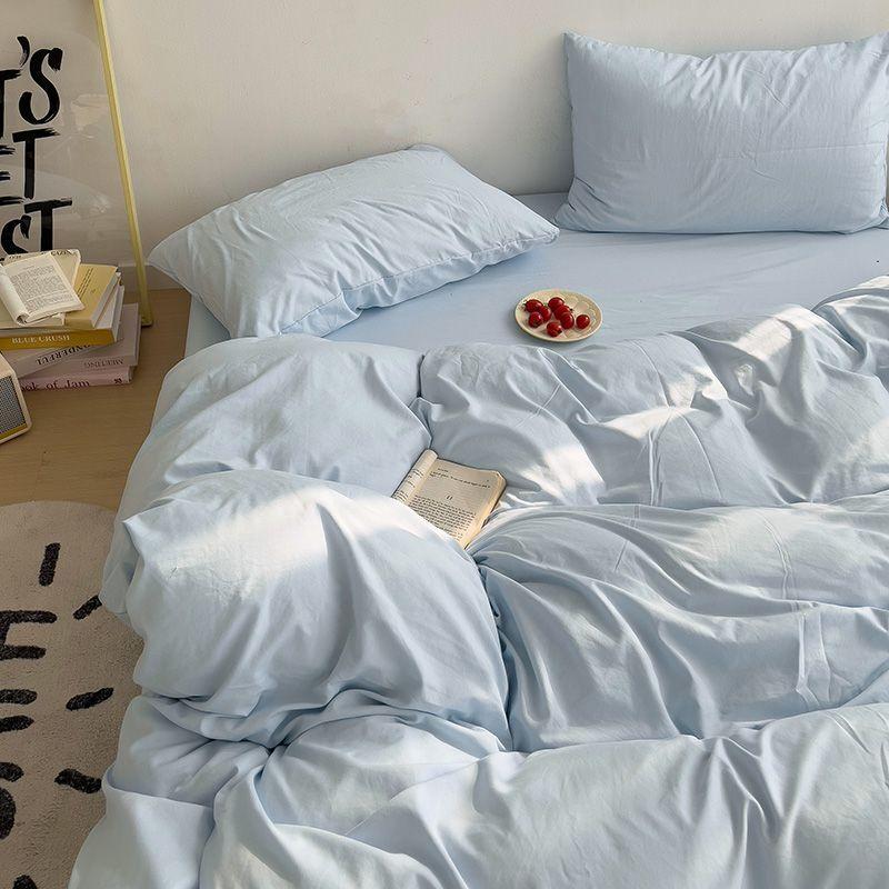 INS Korean Style Fresh Blue Duvet Cover Washed Cotton Bed Sheet Bed Skirt Four-Piece Set Dormitory Simple Solid Color